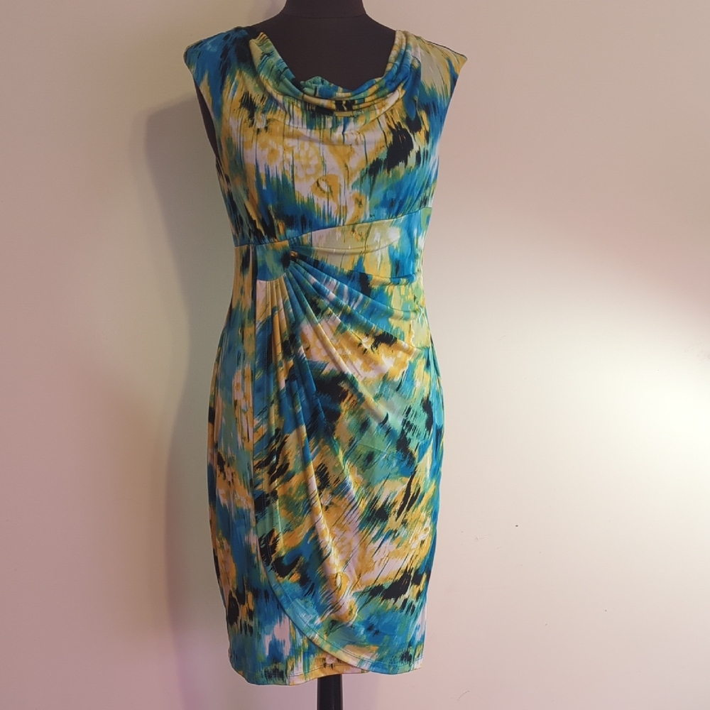 Connected Apparel Blue and Yellow Midi Dress